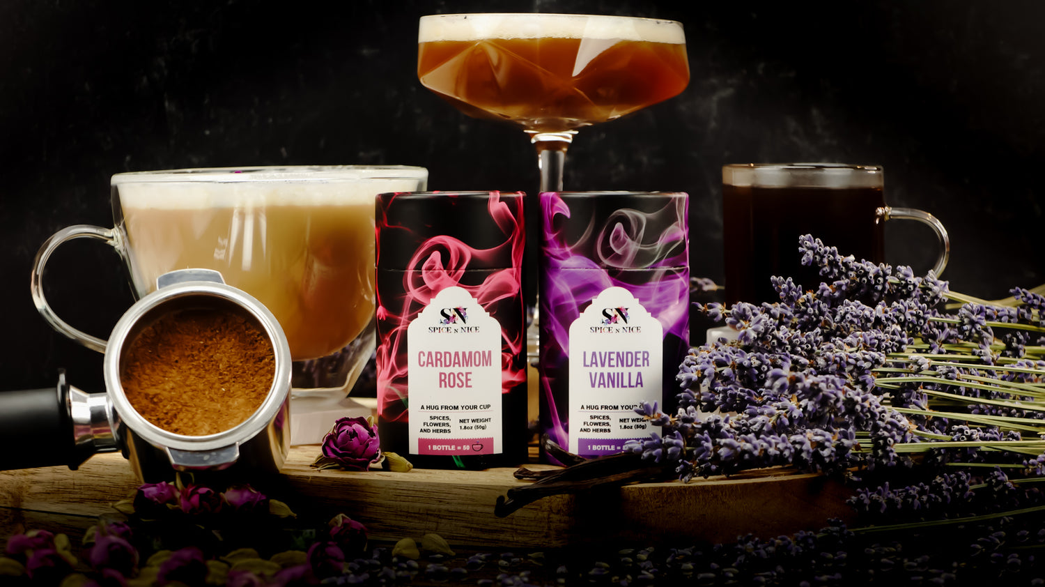 Cardamom Rose and Lavender Vanilla product photo with natural ingredients and different types of coffee beverages
