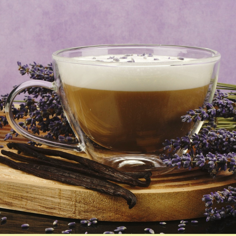 Lavender vanilla latte in glass cup with natural ingredients